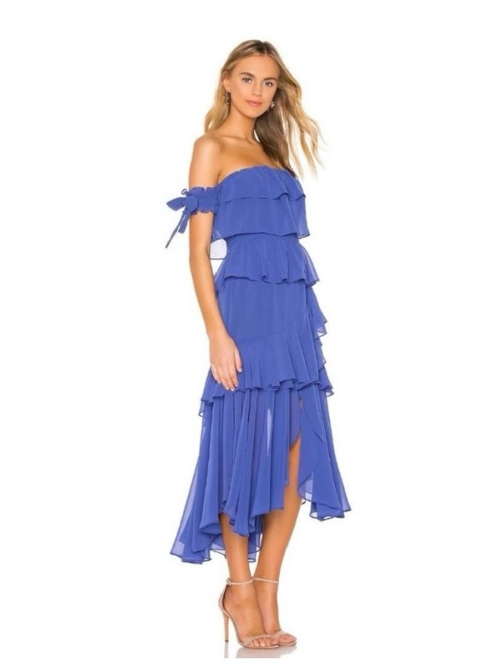 Misa Los Angeles Strapless Ruffle Tiered Midi Dress in Blue